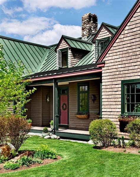 red house light green metal roof|dark green metal roof.